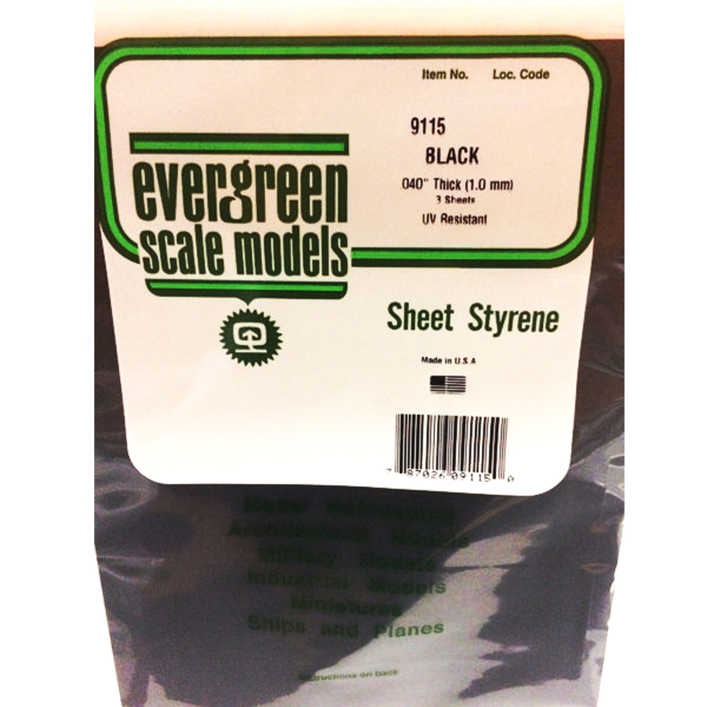 EVERGREEN .040" (1.0mm) PLAIN OPAQUE BLACK POLYSTYRENE SHEET