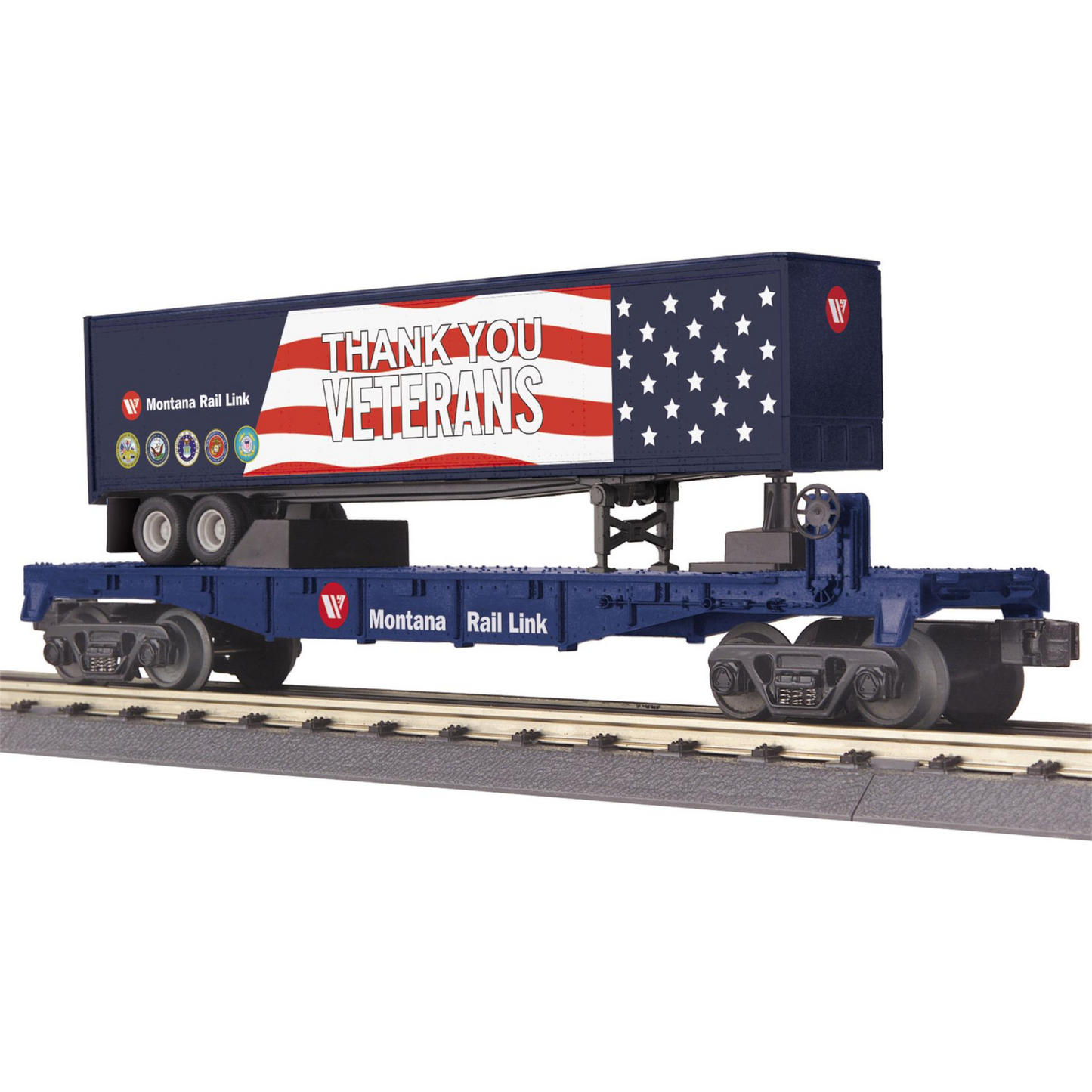 MTH RAILKING MRL VETERANS FLATCAR WITH TRAILER
