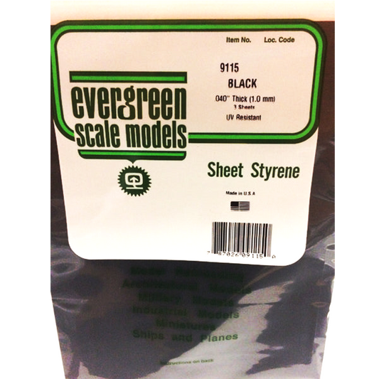 EVERGREEN .040" (1.0mm) PLAIN OPAQUE BLACK POLYSTYRENE SHEET