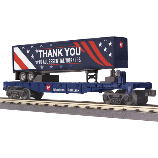 MTH RAILKING MRL ESSENTIAL WORKERS FLAT CAR WITH TRAILER