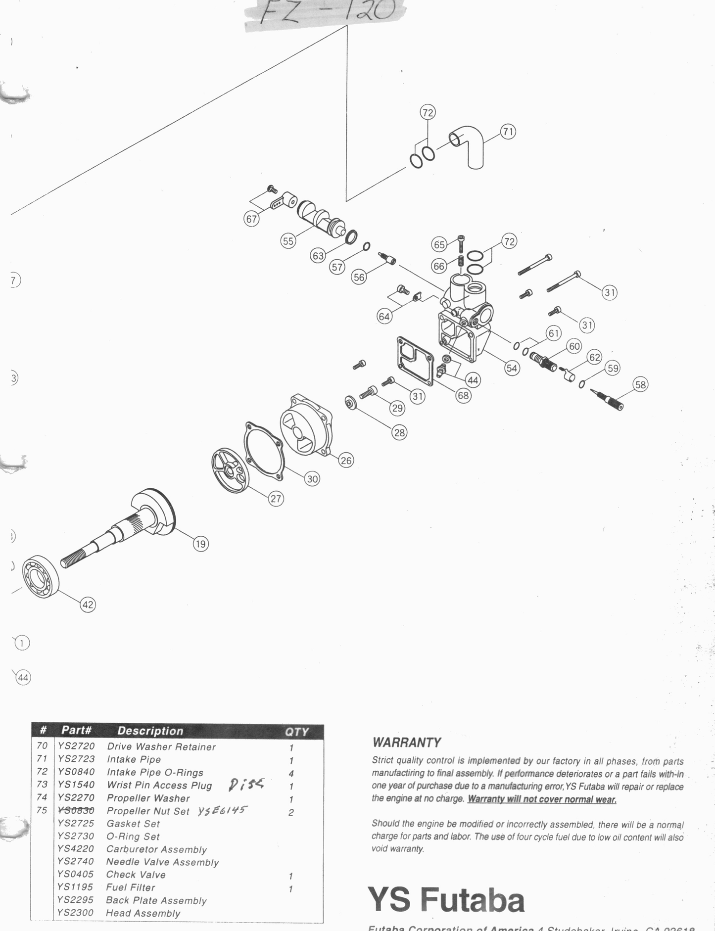 YS FZ120 PARTS LIST