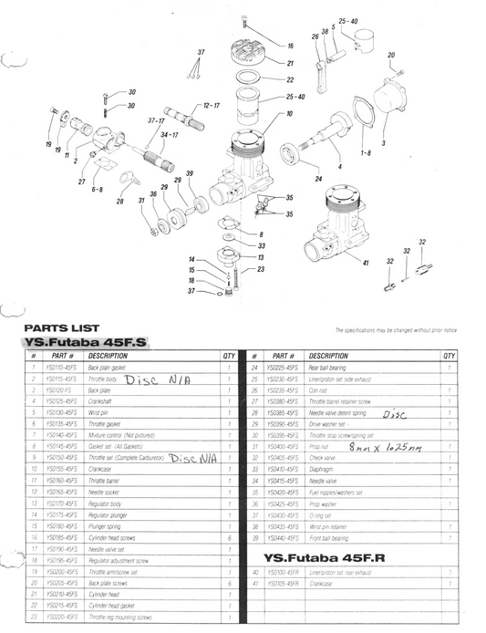 YS 45 PARTS LIST