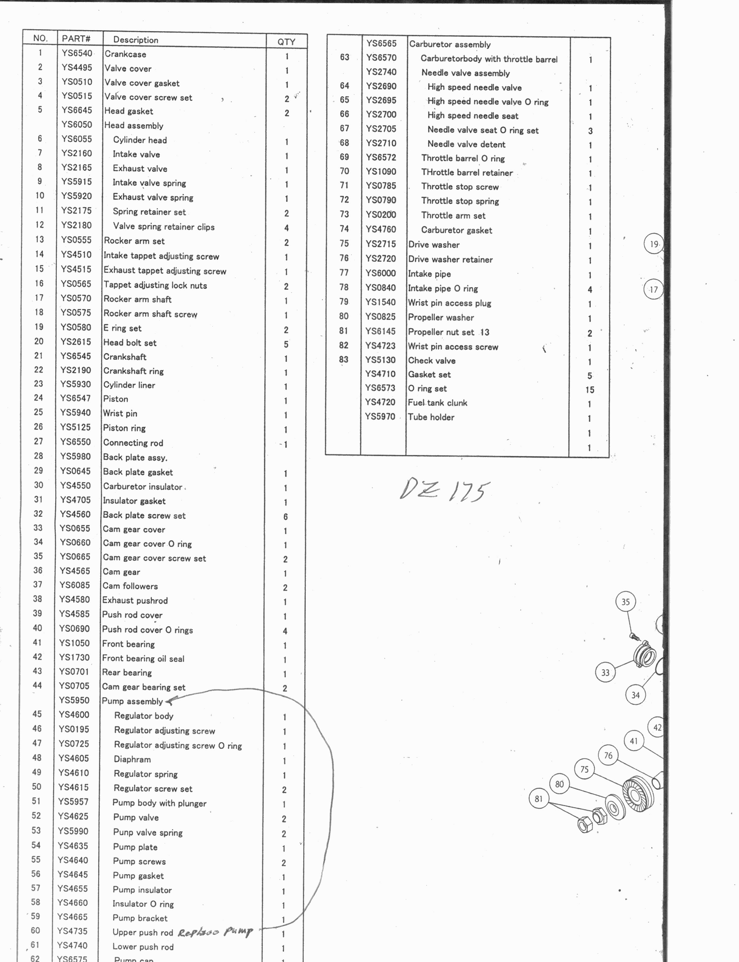 YS DZ175 PARTS LIST