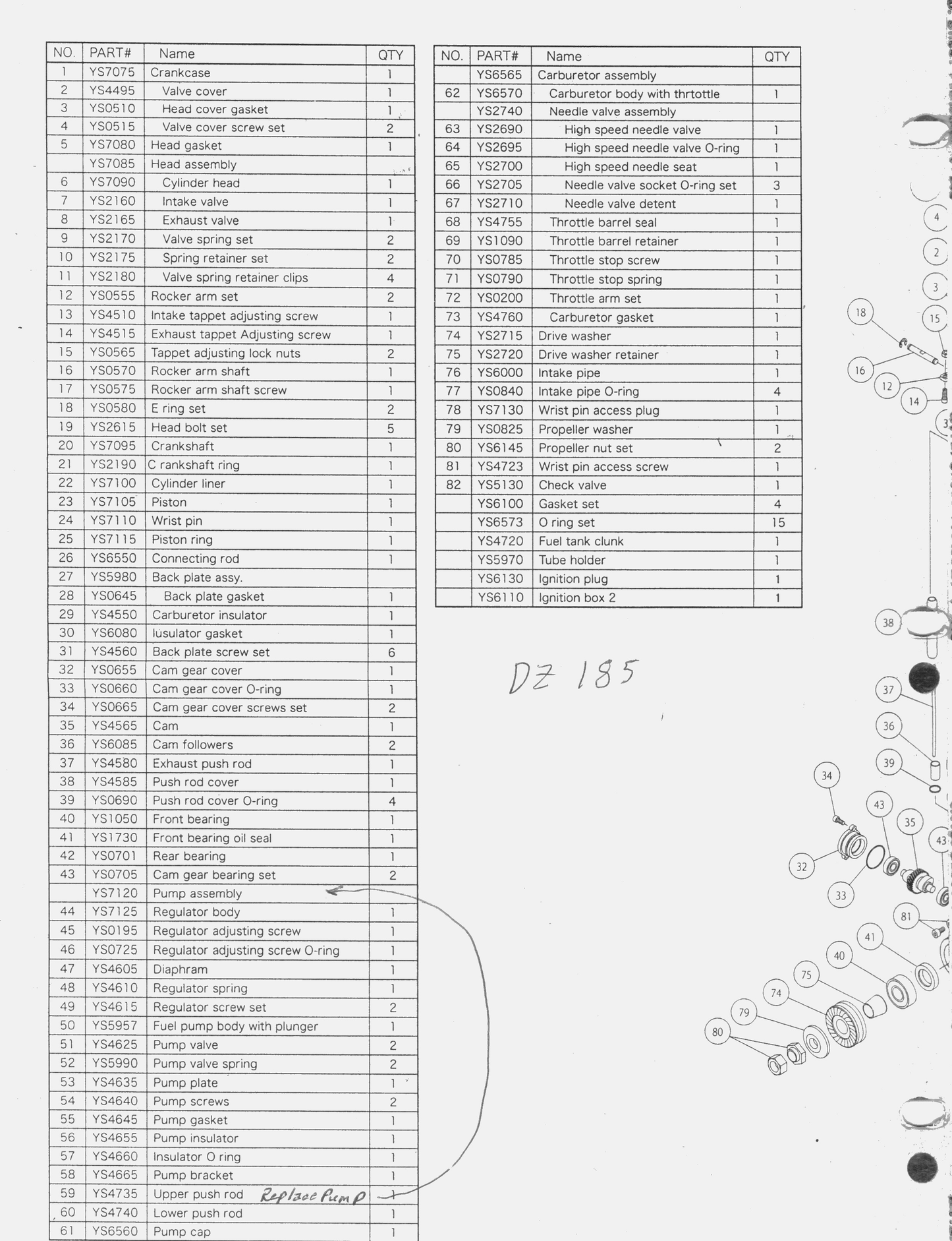 YS DZ185 PARTS LIST
