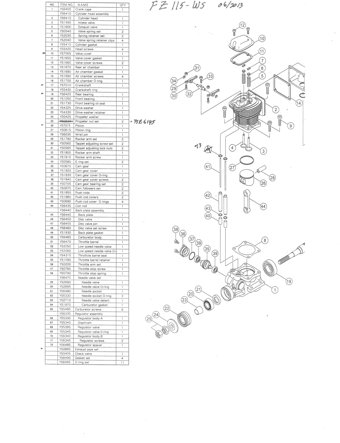 YS FZ115WS PARTS LIST