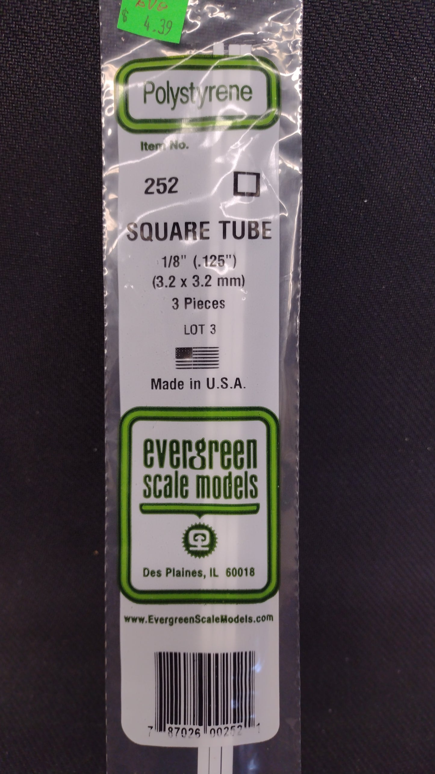 EVERGREEN POLYSTYRENE SQUARE TUBE 14" .125" 1/8